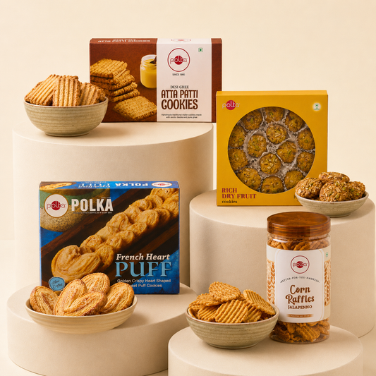 Polka Festive Gifting Box with Atta Patti cookies, dry fruit cookies, French Heart Puff, and Corn Raffles