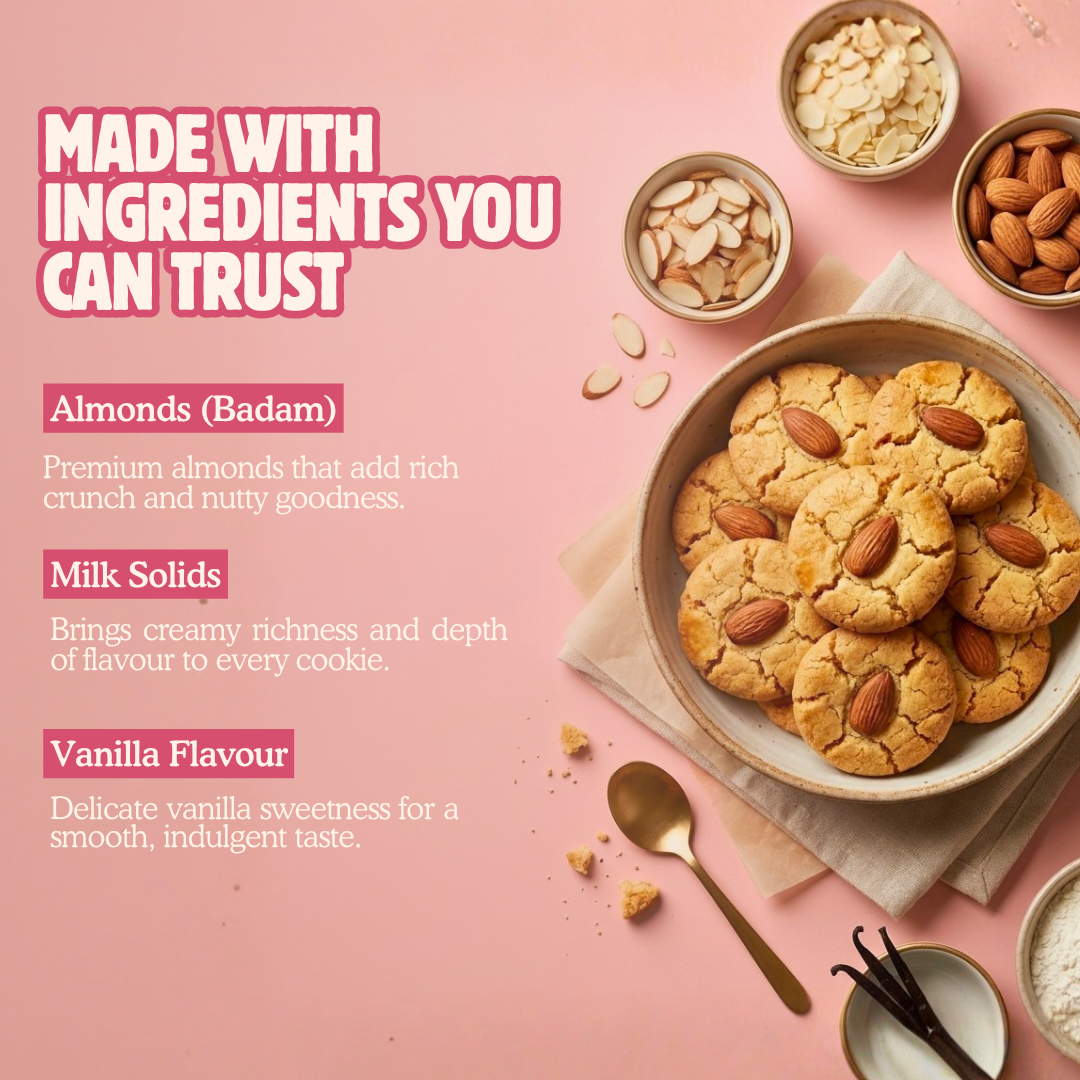 milk almond cookies made with premium badam, milk solids, and vanilla flavor