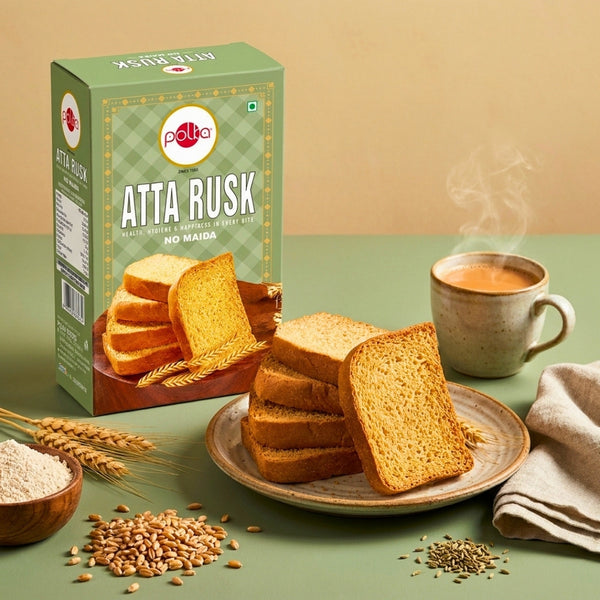 Polka Atta Rusk box with sliced rusk on a plate, tea cup, and wheat grains