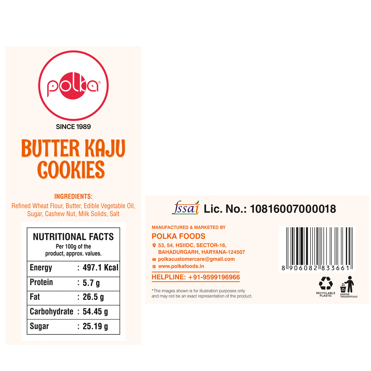 Polka Butter Kaju Cookies back pack label showing ingredients list and nutritional facts per 100g
