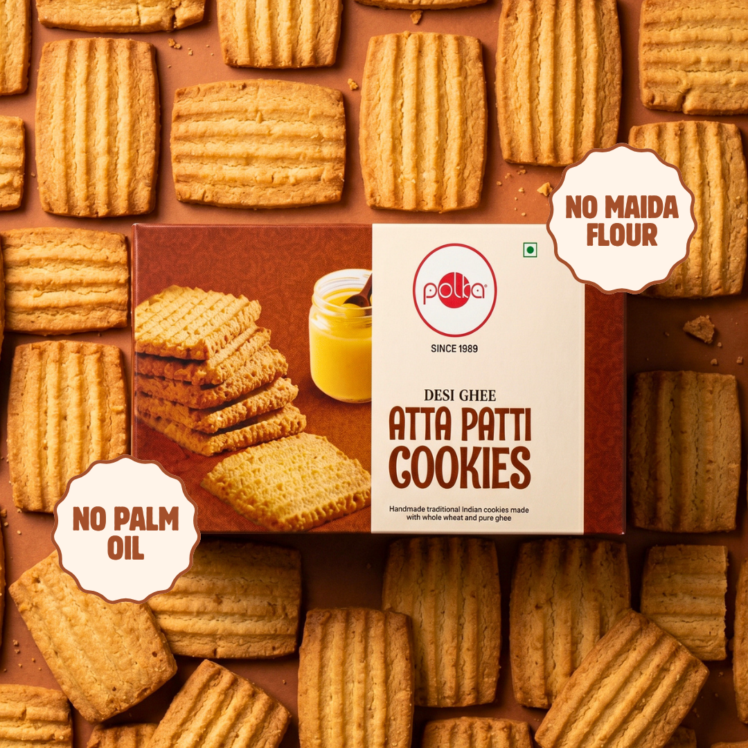 Polka Desi Ghee Atta Patti Cookies pack with no maida flour and no palm oil labels.