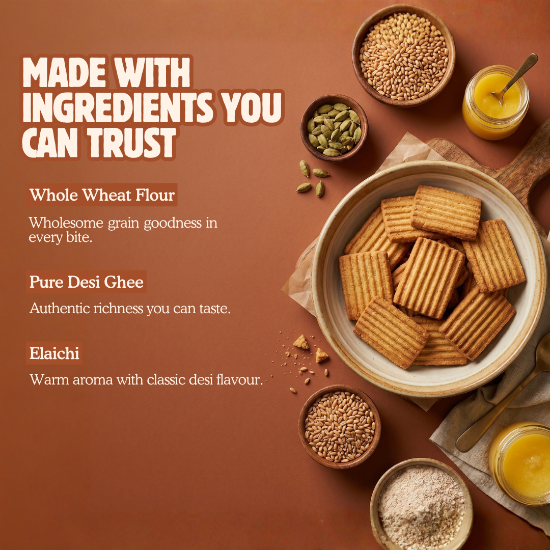 Polka Desi Ghee Atta Patti Cookies with whole wheat, pure desi ghee, and elaichi ingredients.