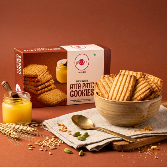 Polka Desi Ghee Atta Patti Cookies box with cookies in a bowl, ghee jar, and wheat on terracotta