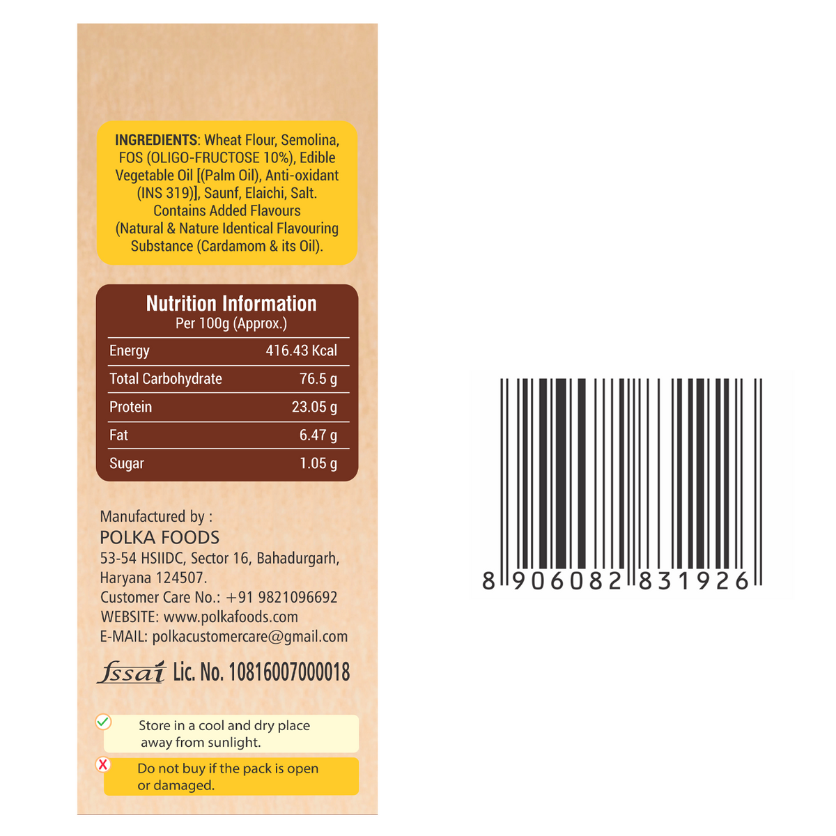 Polka Diet Rusk back pack label showing ingredients list and nutrition information per 100g
