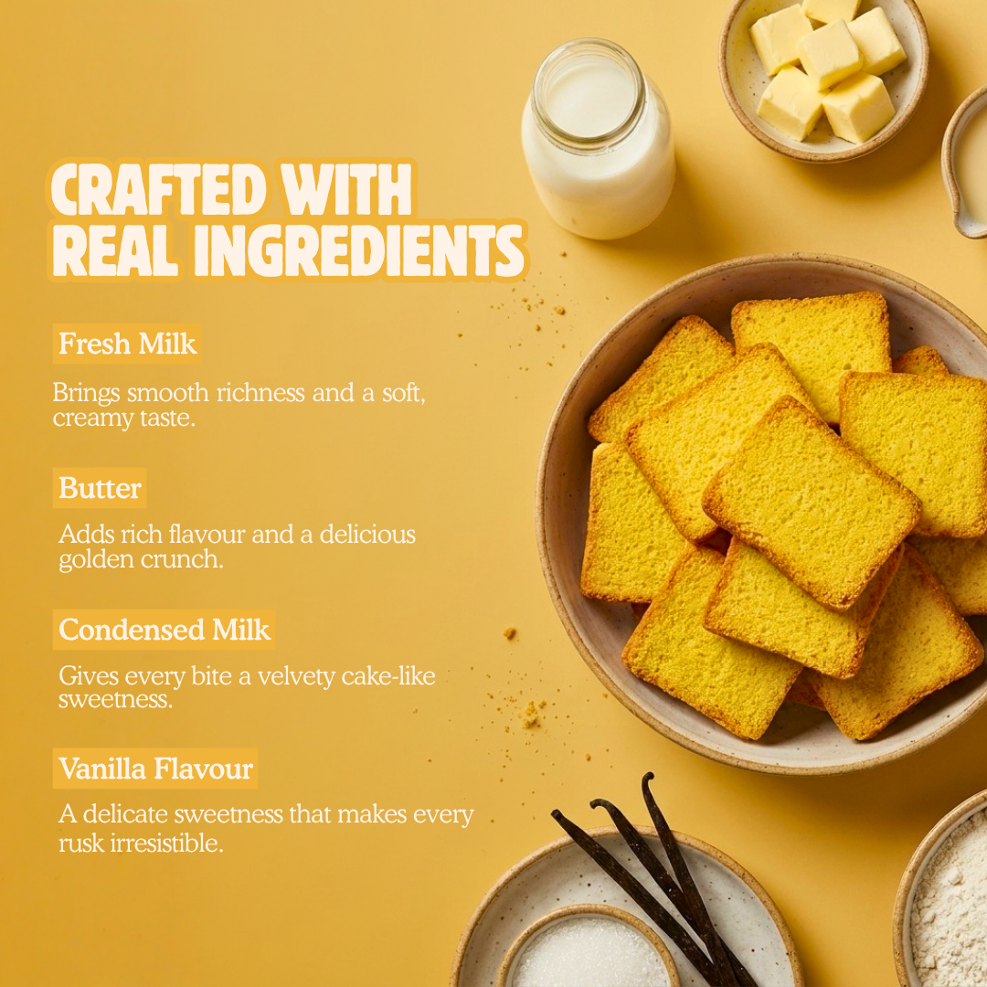 Eggless Cake Rusk with milk, butter, condensed milk, and vanilla ingredients