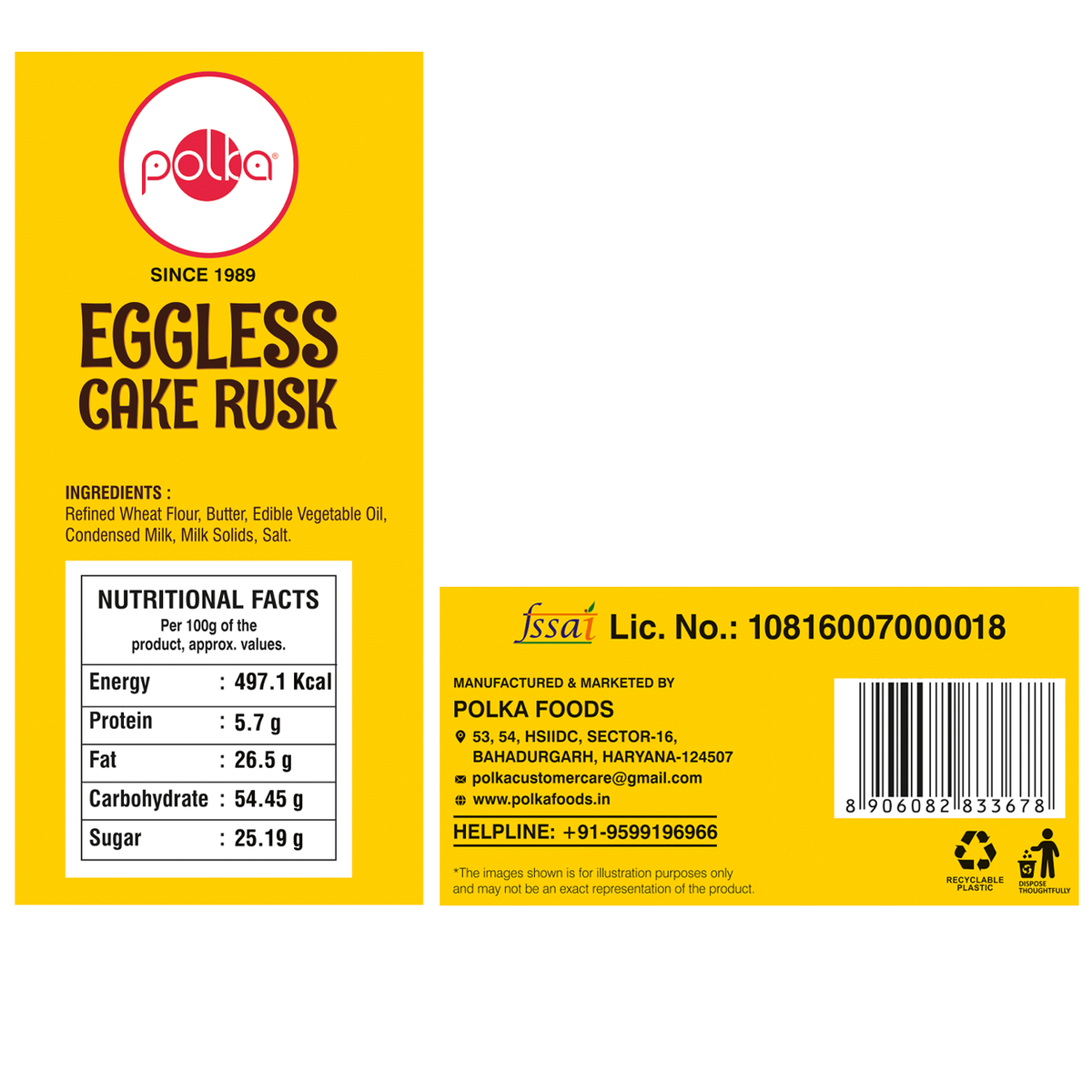 Polka Eggless Cake Rusk back pack label showing ingredients list and nutritional facts per 100g.