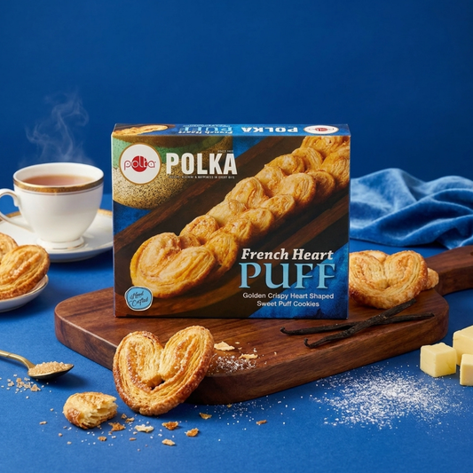 Polka French Heart Puff box with heart-shaped puff cookies, tea, and butter on a wooden board