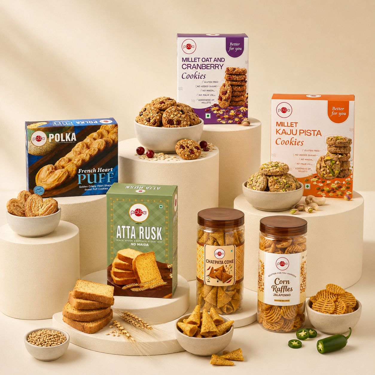 Polka Kids' Tiffin Treats combo box with French Heart Puff, Oat Cranberry Cookies, Atta Rusk, and Corn Raffles snacks