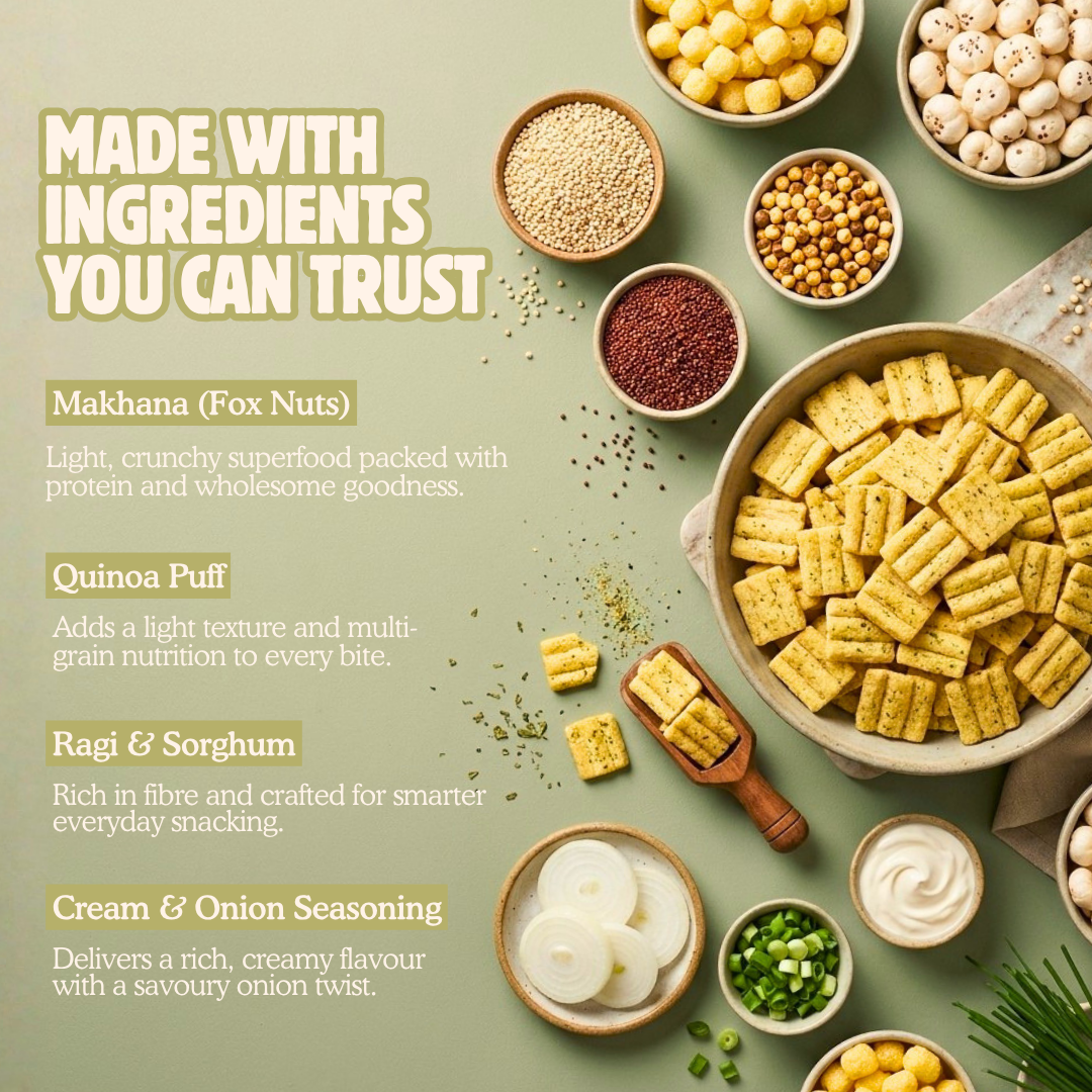 Bowl of Polka cream and onion makhana crisps with makhana, quinoa, ragi, and onion ingredients.