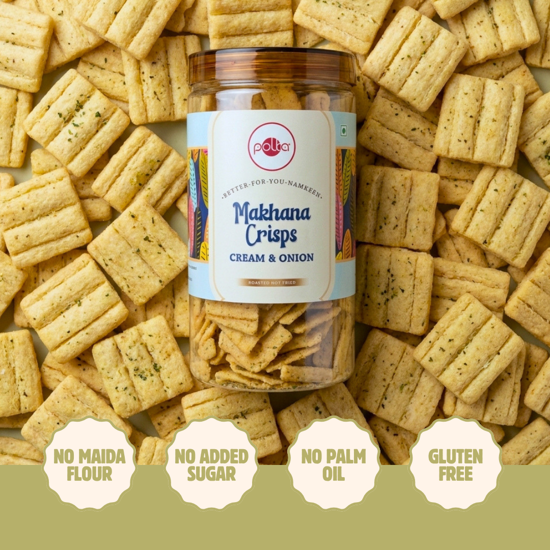 Polka cream and onion makhana crisps jar with gluten free, no palm oil, and zero added sugar