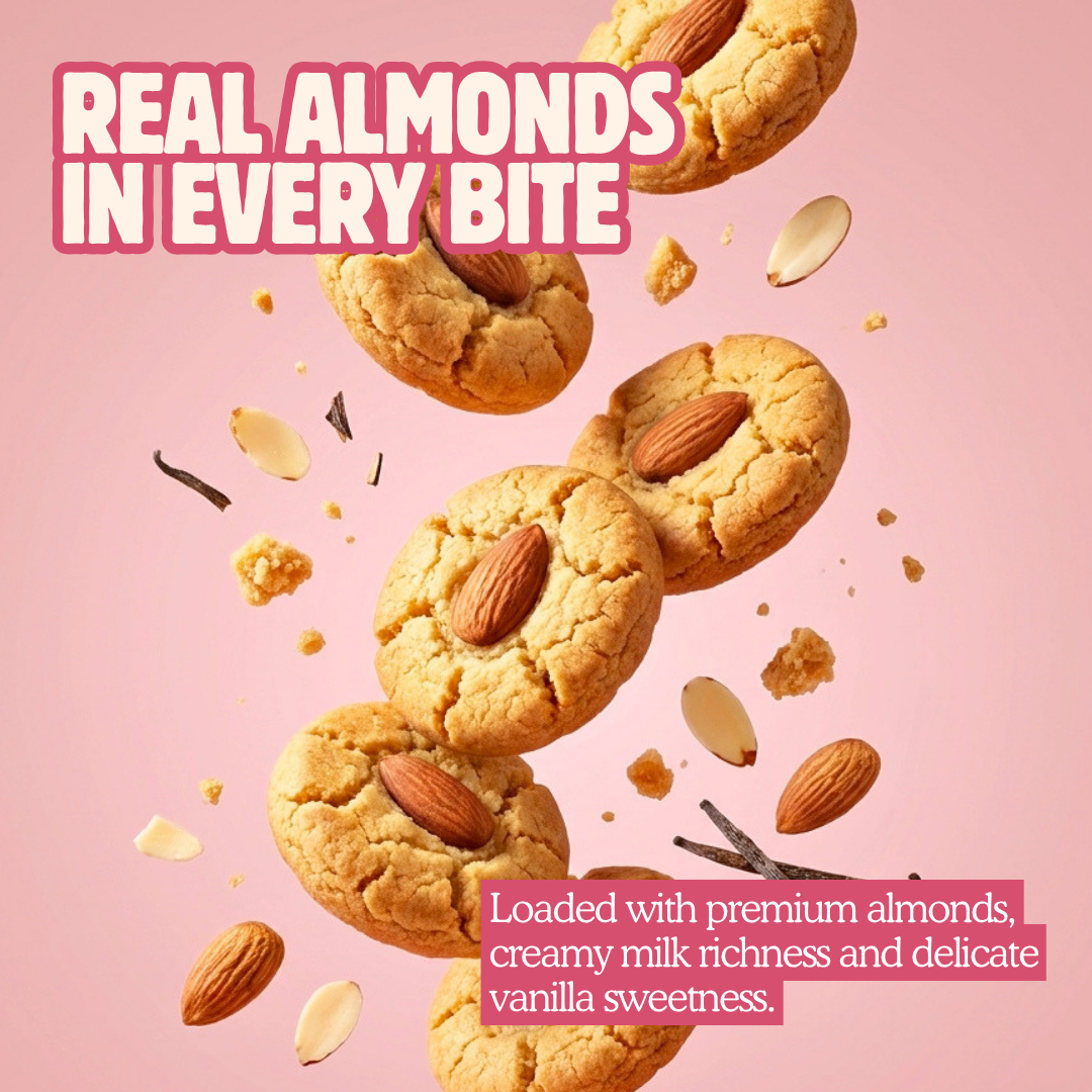 Polka Foods milk almond cookies loaded with premium almonds, creamy milk richness, and vanilla
