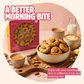 Polka Foods milk almond cookies served in a bowl with hot morning chai, latte coffee, and a glass of milk