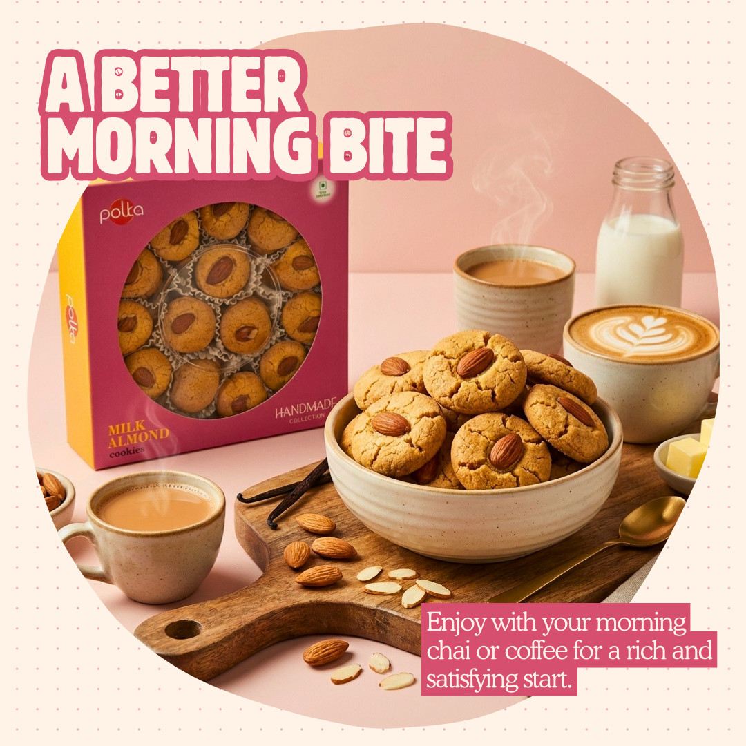 Polka Foods milk almond cookies served in a bowl with hot morning chai, latte coffee, and a glass of milk