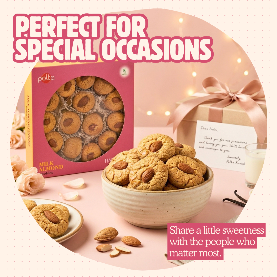 Polka Foods milk almond cookies gift box presented with a ribbon gift box, thank you note, and roses for special occasions