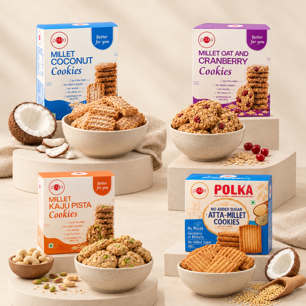 Polka Millet Four Ways set includes Millet Coconut, Millet Oat Cranberry, Millet Kaju Pista, and Atta-Millet cookies.