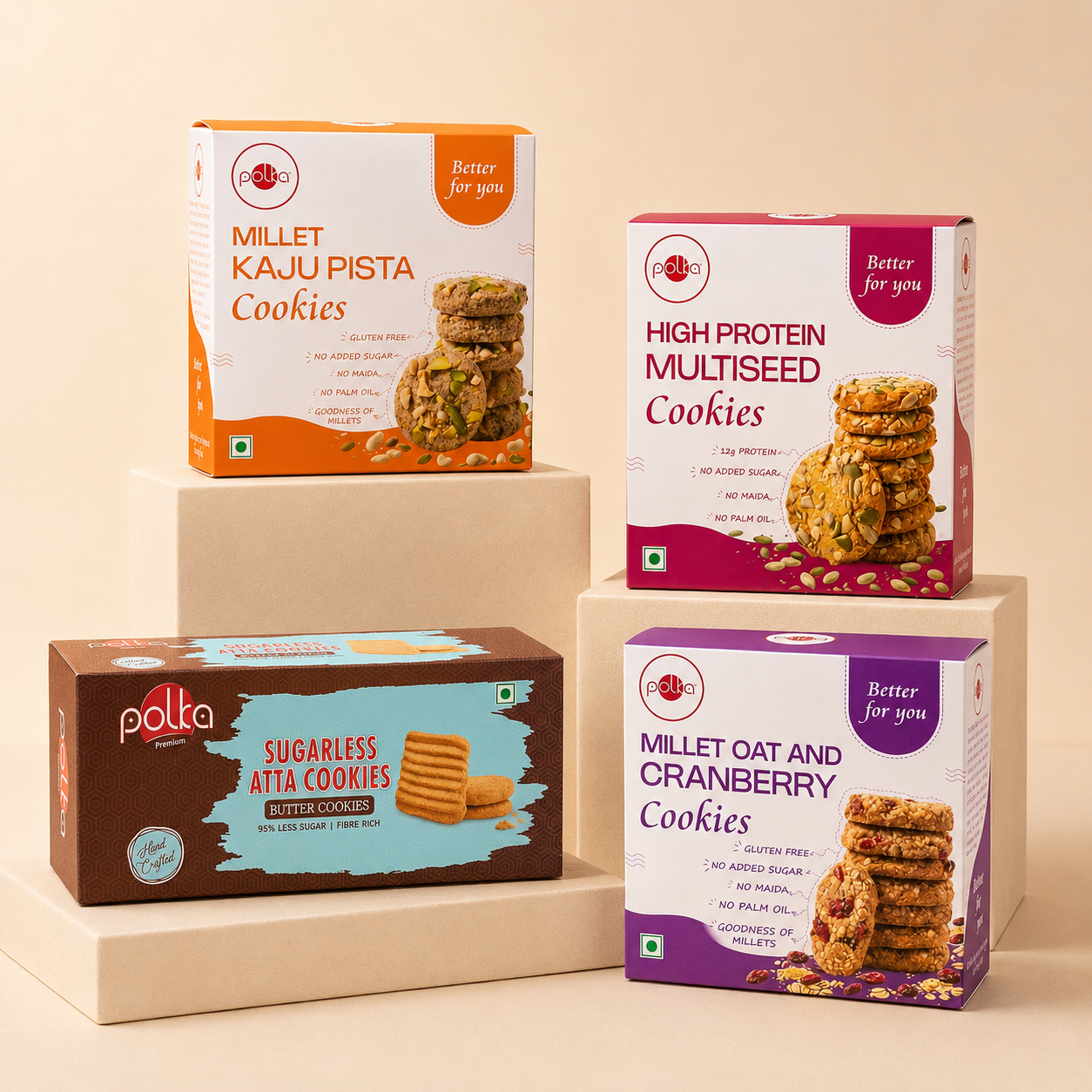 Polka no added sugar cookie bundle including Millet Kaju Pista, High Protein Multiseed, Sugarless Atta, and Millet Oat Cranberry.