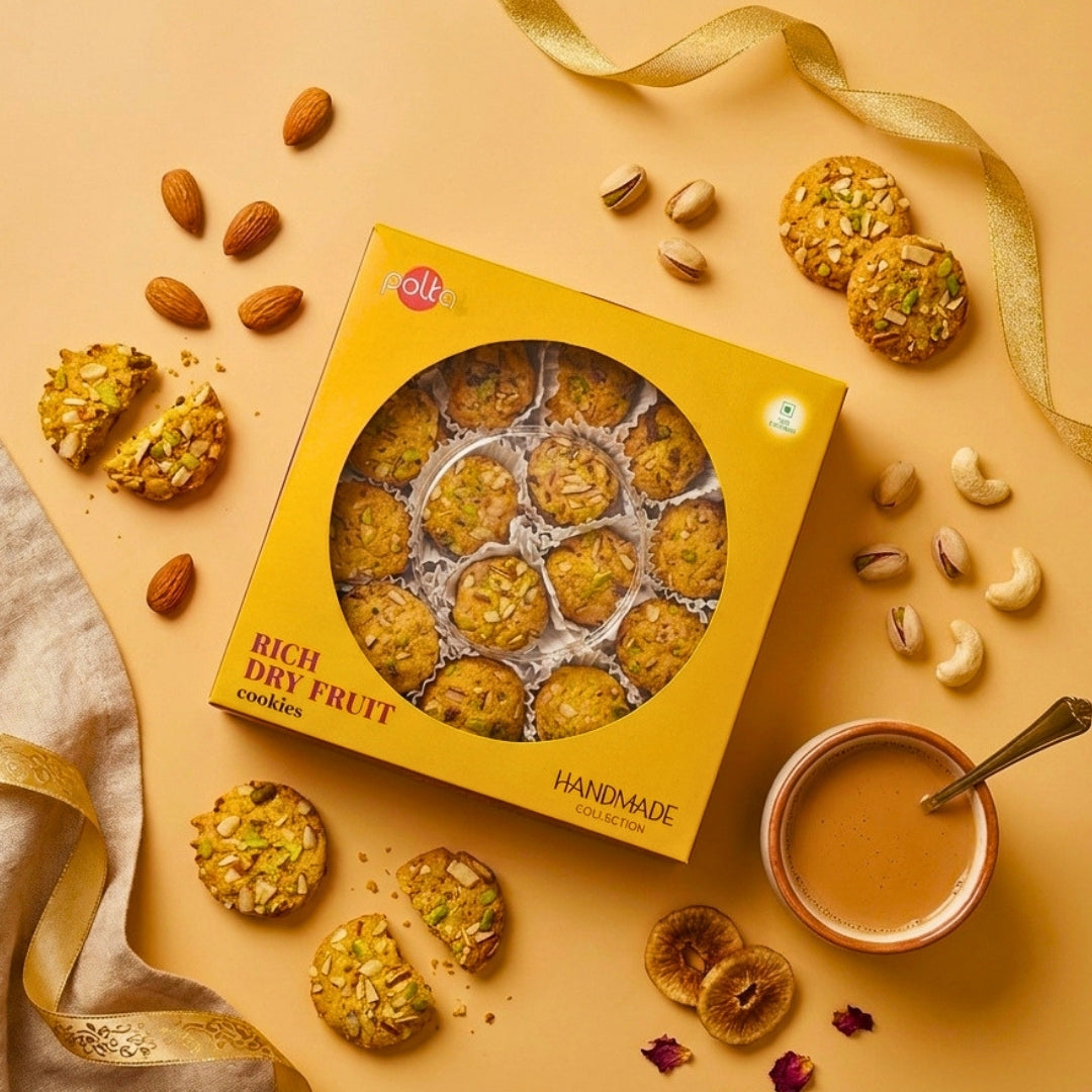 Polka Rich Dry Fruit Cookies box with almonds, pistachios, cashews