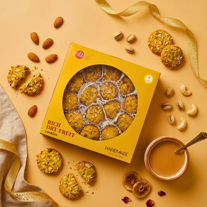 Polka Rich Dry Fruit Cookies box with almonds, pistachios, cashews
