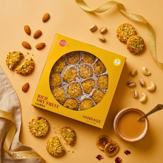 Polka Rich Dry Fruit Cookies box with almonds, pistachios, cashews