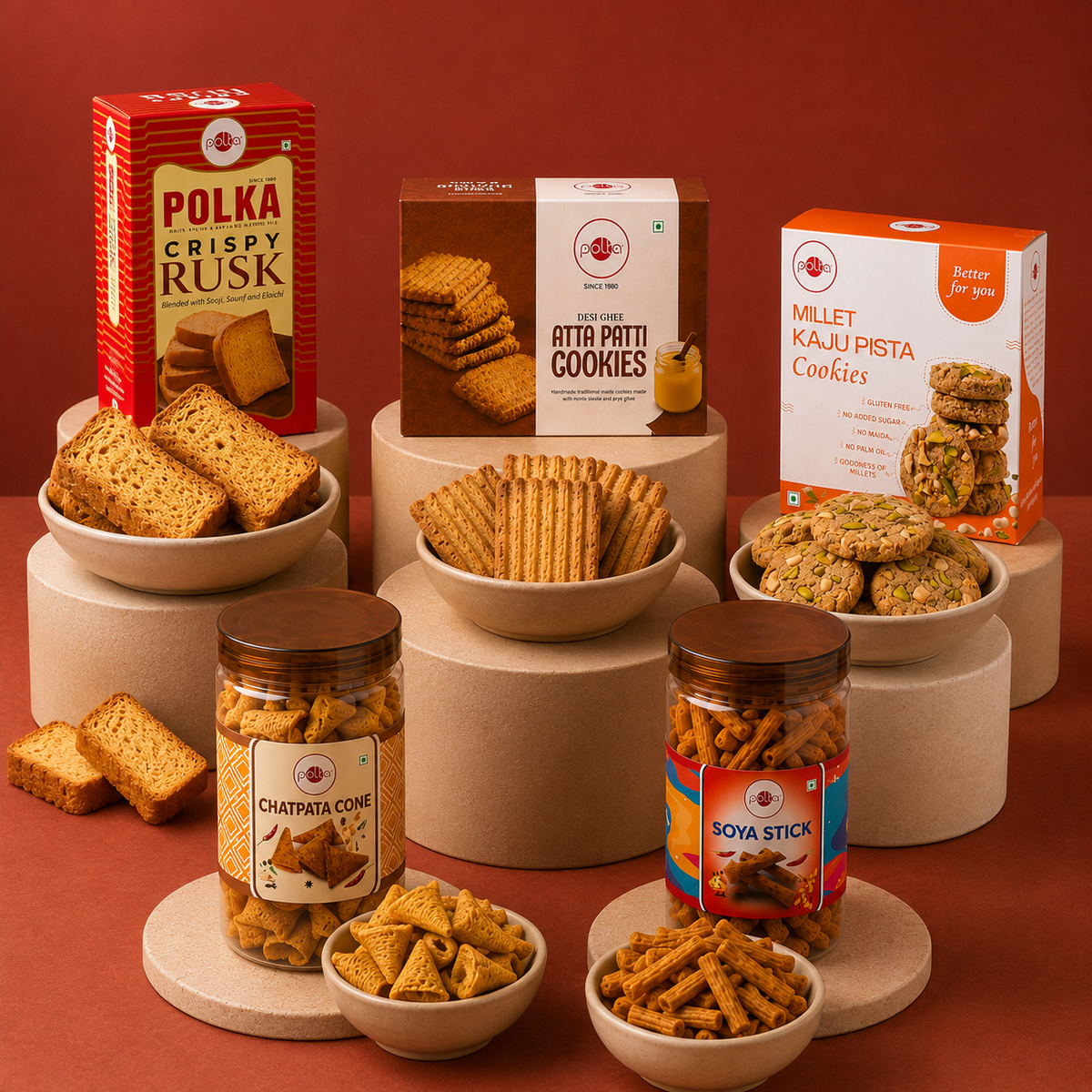 Polka Road Trip Ready set featuring Crispy Rusk, Atta Patti cookies, Millet Kaju Pista, Chatpata Cone, and Soya Sticks.