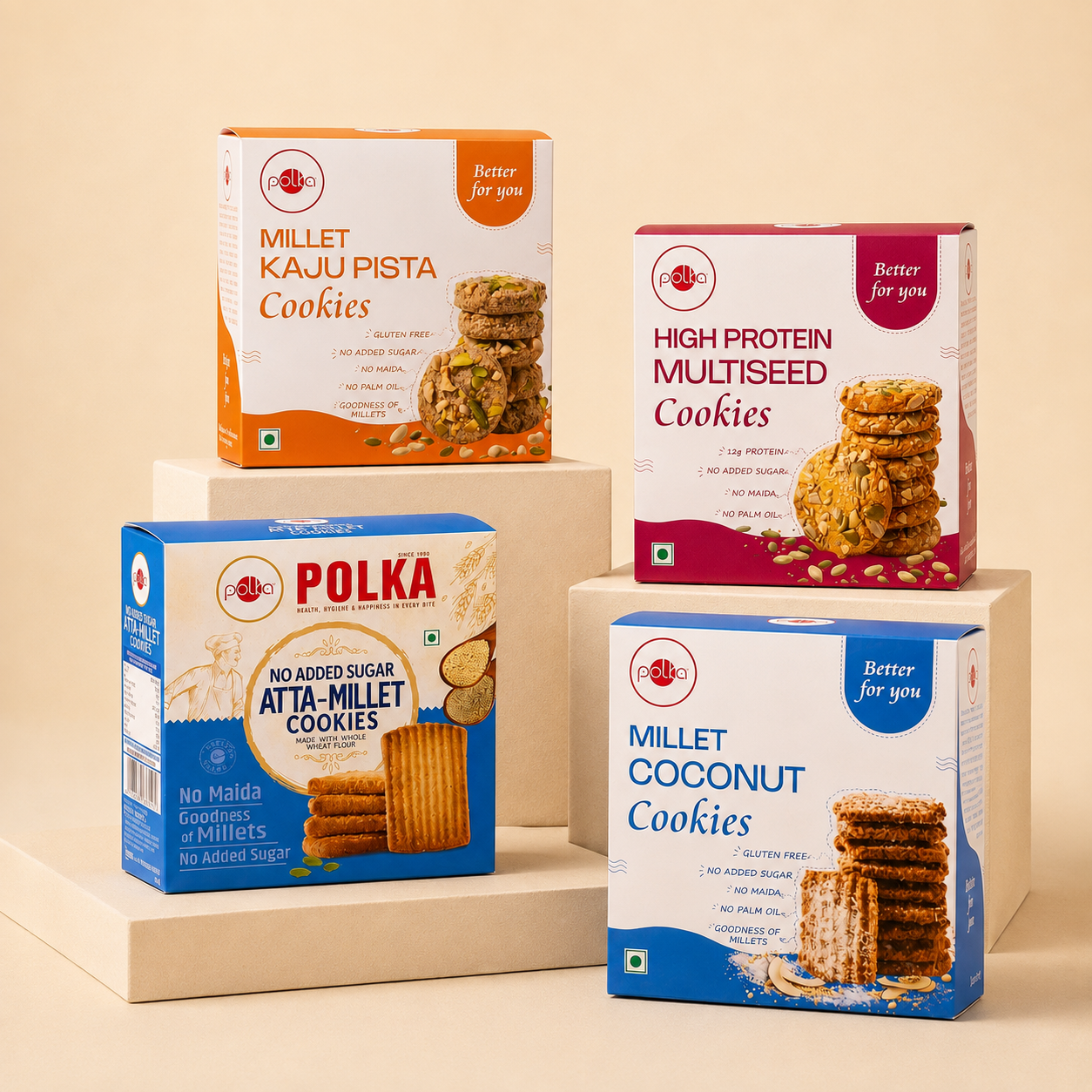 Polka Sugar Free Favourites Cookie Bundle featuring healthy millet, protein, and atta cookie varieties.