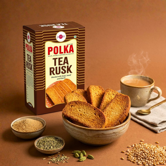 Polka Tea Rusk box with toasted rusk slices, a cup of tea, and saunf, elaichi, and sooji ingredients