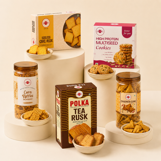 Polka Foods Weekend Snack Stack — Cake Rusk, Protein Cookies, Corn Raffles & Chatpata Cone Namkeen combo