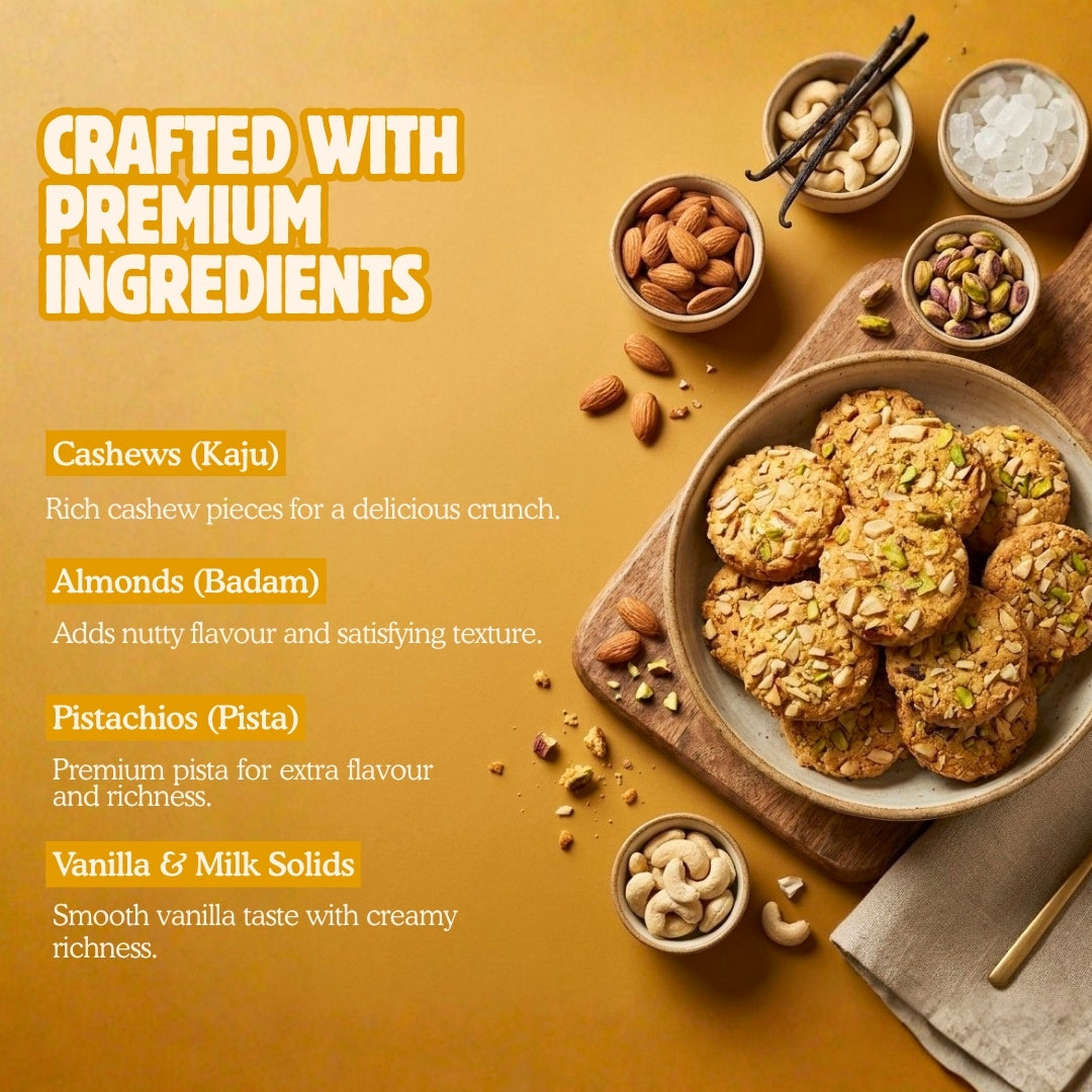 handmade dry fruit cookies topped with cashews, badam, and pista